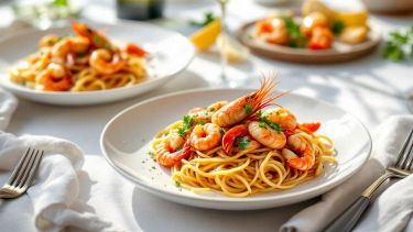 Piatto di spaghetti allo scoglio con gamberi, cozze e vongole.