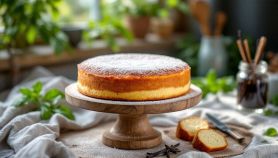 Torta all’acqua servita con zucchero a velo.