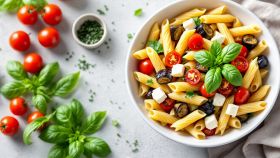 pasta con melanzane e pomodori e mozzarella