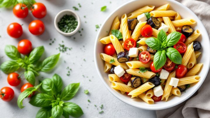 pasta con melanzane e pomodori e mozzarella