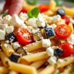 pasta fredda con mozzarella e melanzane e pomodori