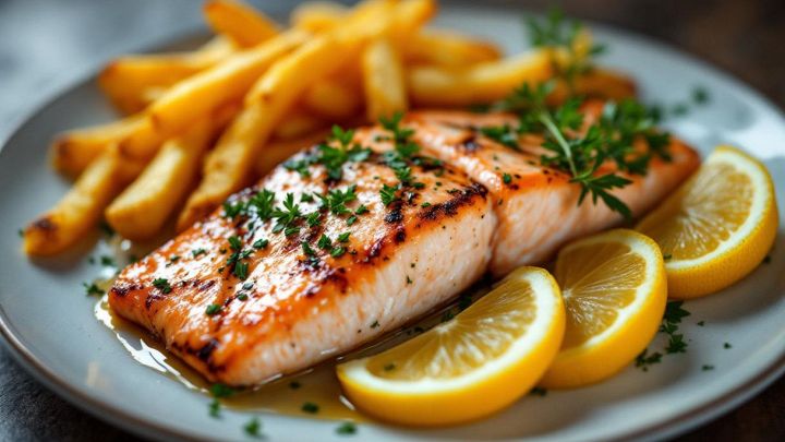 salmone grigliato con patatine e fettine di limone