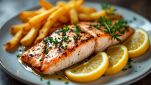salmone grigliato con patatine e fettine di limone