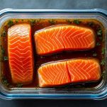 salmone nella marinatura da mettere in frigorifero per il riposo