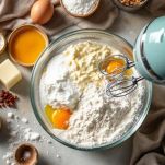 Uova, zucchero, ricotta e farina in una ciotola