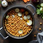 Ceci pronti per la cottura con cipolla, carota, aglio e sedano.