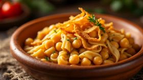 Una combinazione rustica di pasta e legumi, con note croccanti