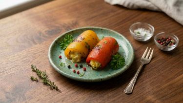 Due involtini di peperoni, acciughe e scamorza nel piatto