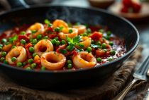 Calamari e piselli in umido con sugo di pomodoro