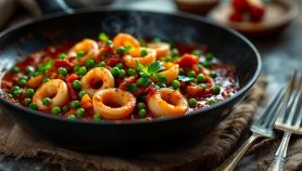 Calamari e piselli in umido con sugo di pomodoro