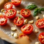 Pomodori pronti per essere conditi e infornati.