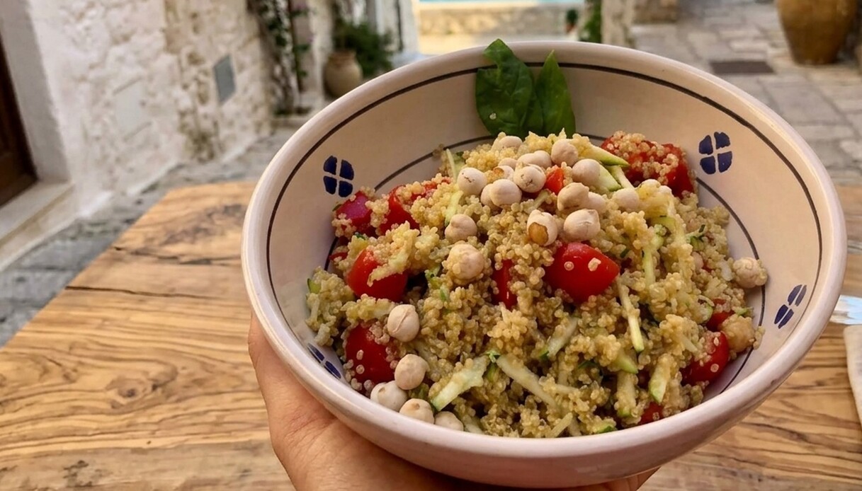 Insalata di quinoa con ceci croccanti e dressing al limone