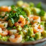 avocado e gamberetti con erbe aromatiche in una ciotola
