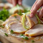 Involtini di tacchino legati con strisce di porro.