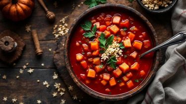 Zuppa calda e intensa con barbabietole, carne e verdure