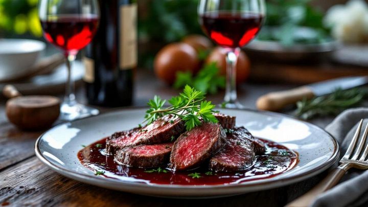 Brasato al vino rosso affettato con il suo sugo