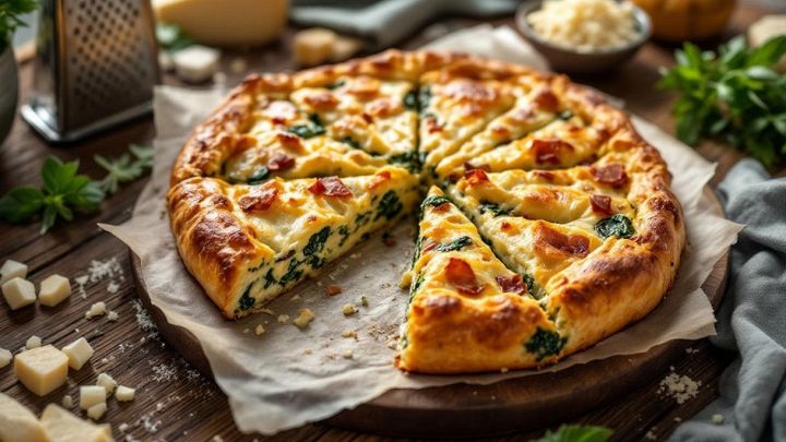 Fetta di torta salata con spinaci e pancetta servita su piatto.