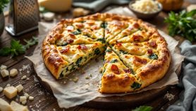 Fetta di torta salata con spinaci e pancetta servita su piatto.