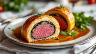 Fette di filetto Wellington servite su piatto con salsa.