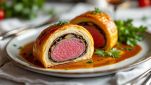 Fette di filetto Wellington servite su piatto con salsa.
