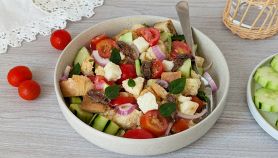 Piatto con panzanella toscana rivisitata con mozzarella di bufala e acciughe