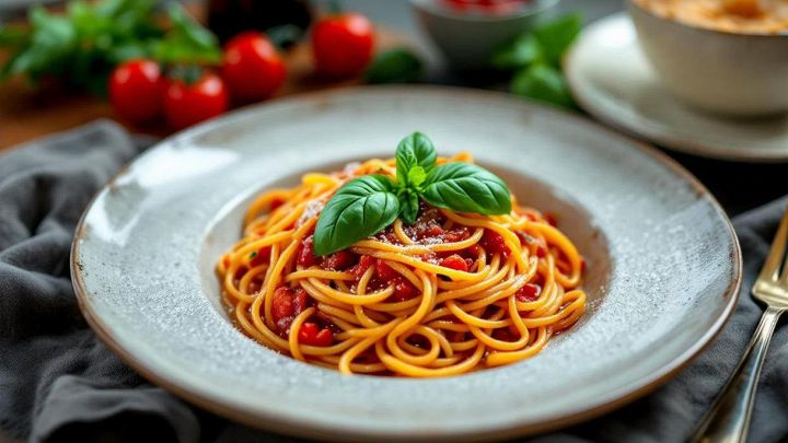 Spaghetti con sugo di pomodorini e formaggi fusi dall’aspetto cremoso e invitante.