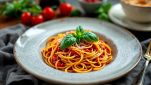 Spaghetti con sugo di pomodorini e formaggi fusi dall’aspetto cremoso e invitante.