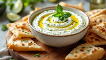 Tsatsiki cremosa servita in ciotola.