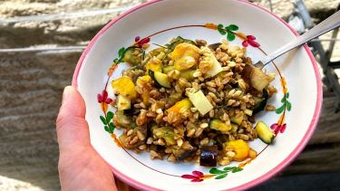 Piatto con insalata di farro con verdure e provolone