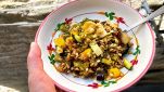 Piatto con insalata di farro con verdure e provolone