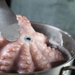 Pentola con acqua in cui bolle il polpo