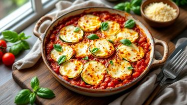 Parmigiana di zucchine servita su piatto con foglie di basilico.