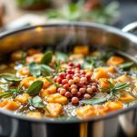 Versate un filo d'olio in una pentola capiente e aggiungete gli aromi