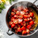 Aggiungete i pomodori San Marzano tagliati a pezzetti e mescolate bene