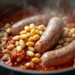 Unite le salsicce intere e i fagioli cannellini precotti