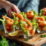 Componete i gamberetti in salsa cocktail in coppe individuali