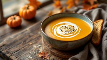 Crema di zucca servita calda in ciotola.