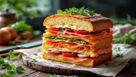 Panettone salato servito a fette su piatto da portata.