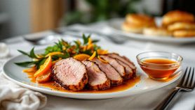 Anatra all’arancia servita con salsa a parte.