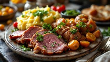 Bollito misto con diversi tagli di carne su vassoio