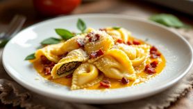 Piatto di casoncelli conditi con burro, salvia e Parmigiano.