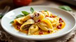 Piatto di casoncelli conditi con burro, salvia e Parmigiano.