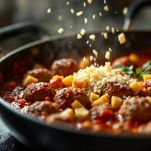 polpette in cottura con salsa di pomodoro e ricotta