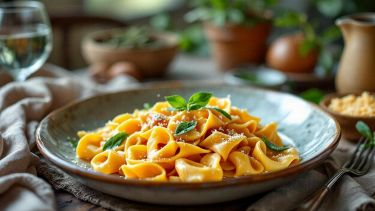 Piatto di pasta al ragù con basilico