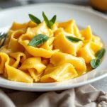 Cappellacci conditi e serviti con burro, formaggio e salvia