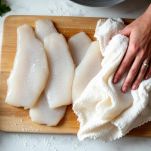 Filetti di merluzzo puliti e privati della pelle su tagliere.