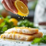 Mano che versa succo di limone sui filetti di merluzzo.