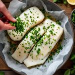 Filetti di merluzzo con erbe aromatiche tritate in superficie.