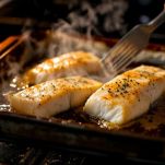 Teglia con merluzzo in cottura nel forno.