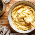 Semolino unito alla ricotta in una ciotola e mescolato con spatola.